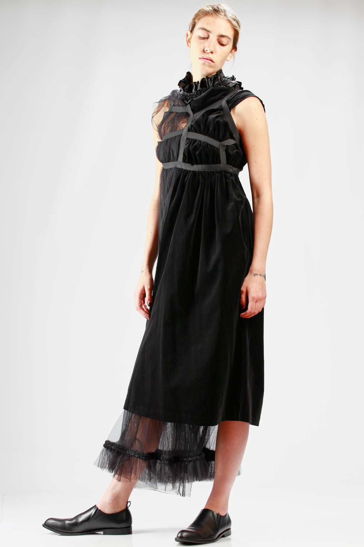 Asymmetrical nylon tulle evening gown