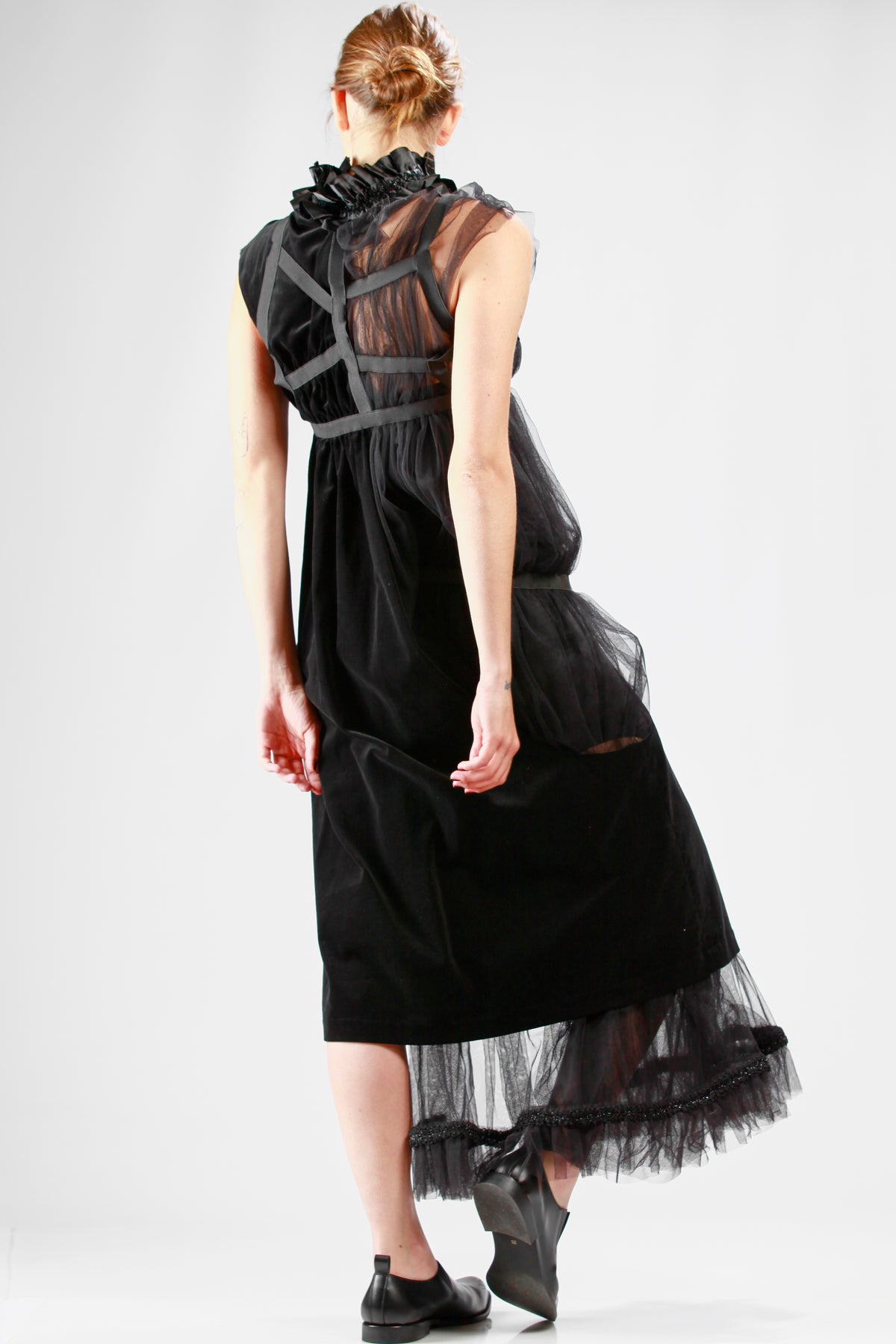 Asymmetrical nylon tulle evening gown