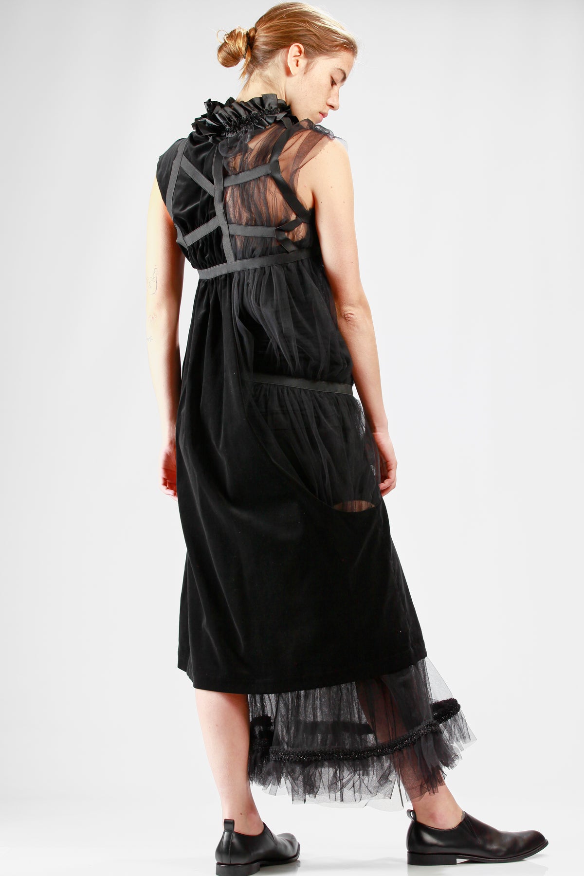 Asymmetrical nylon tulle evening gown