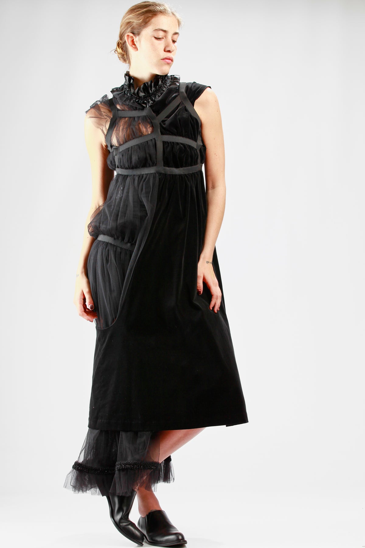 Asymmetrical nylon tulle evening gown
