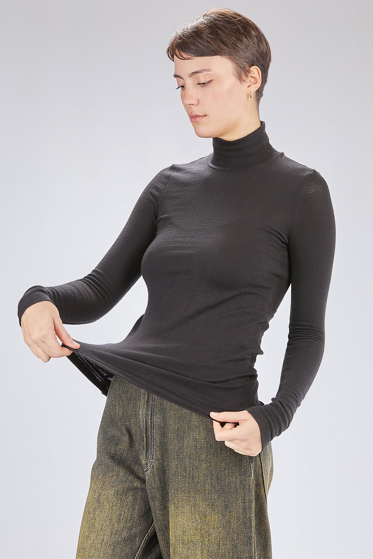 Basic mini-rib jersey turtleneck in lyocell, wool, and spandex