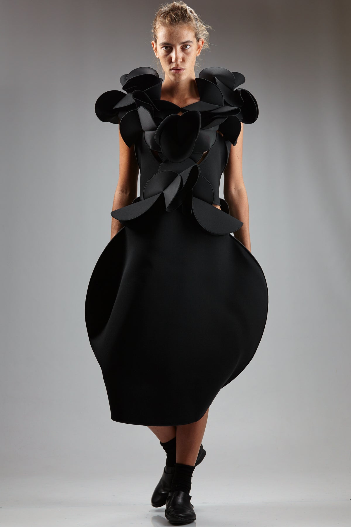 'Sculpture' dress in nylon neoprene