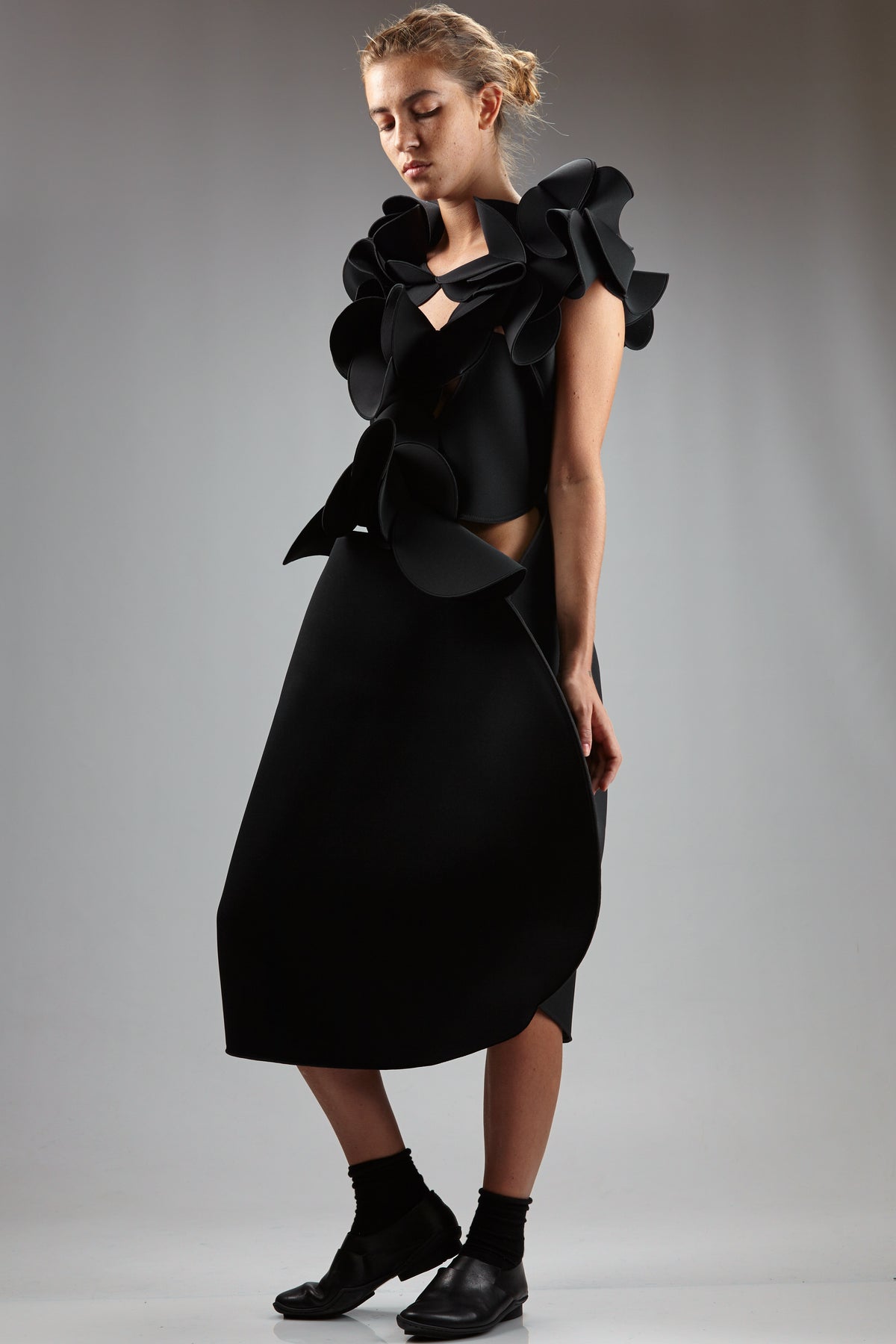 'Sculpture' dress in nylon neoprene