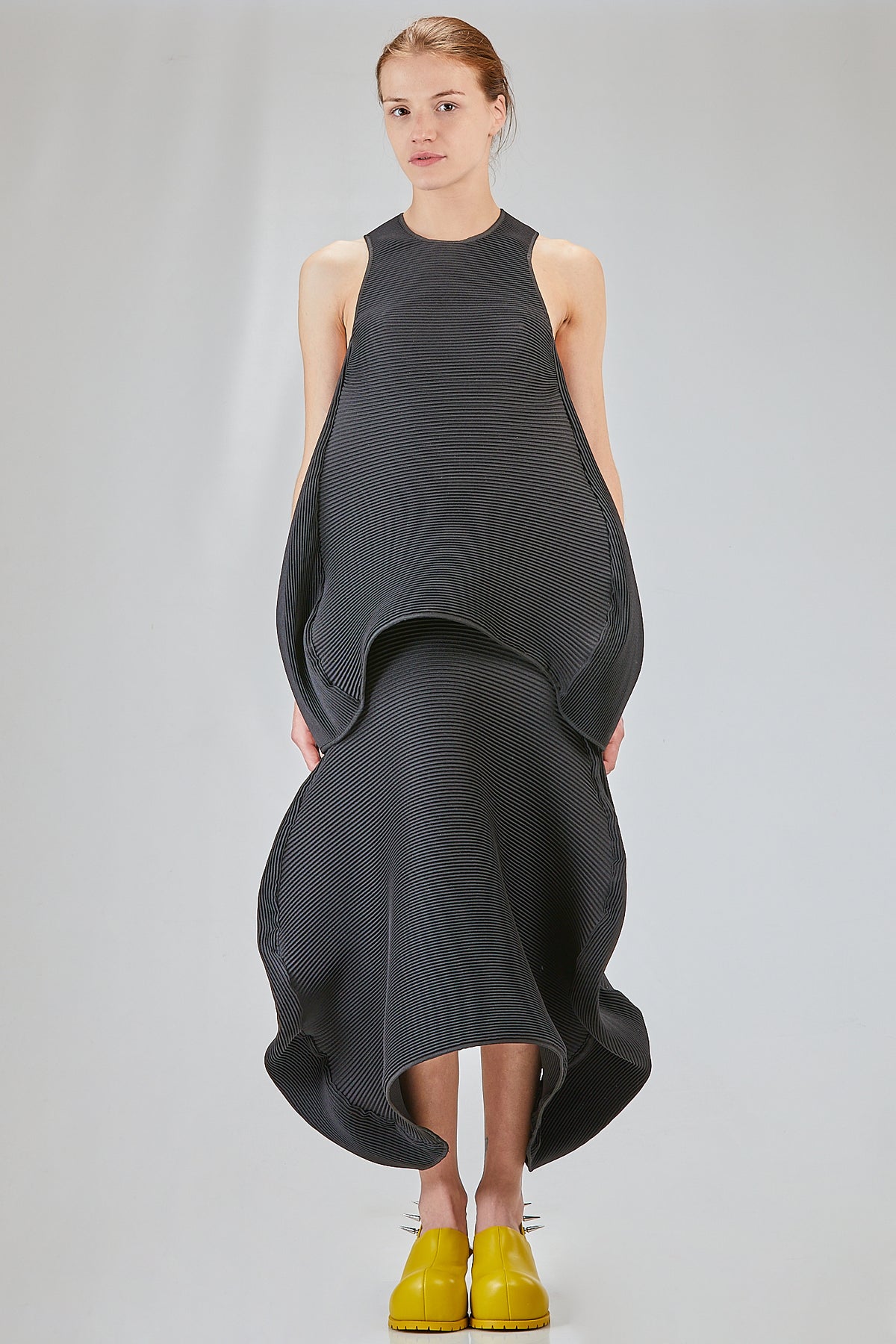 Long, flared polyester pleated 'sculpture' top