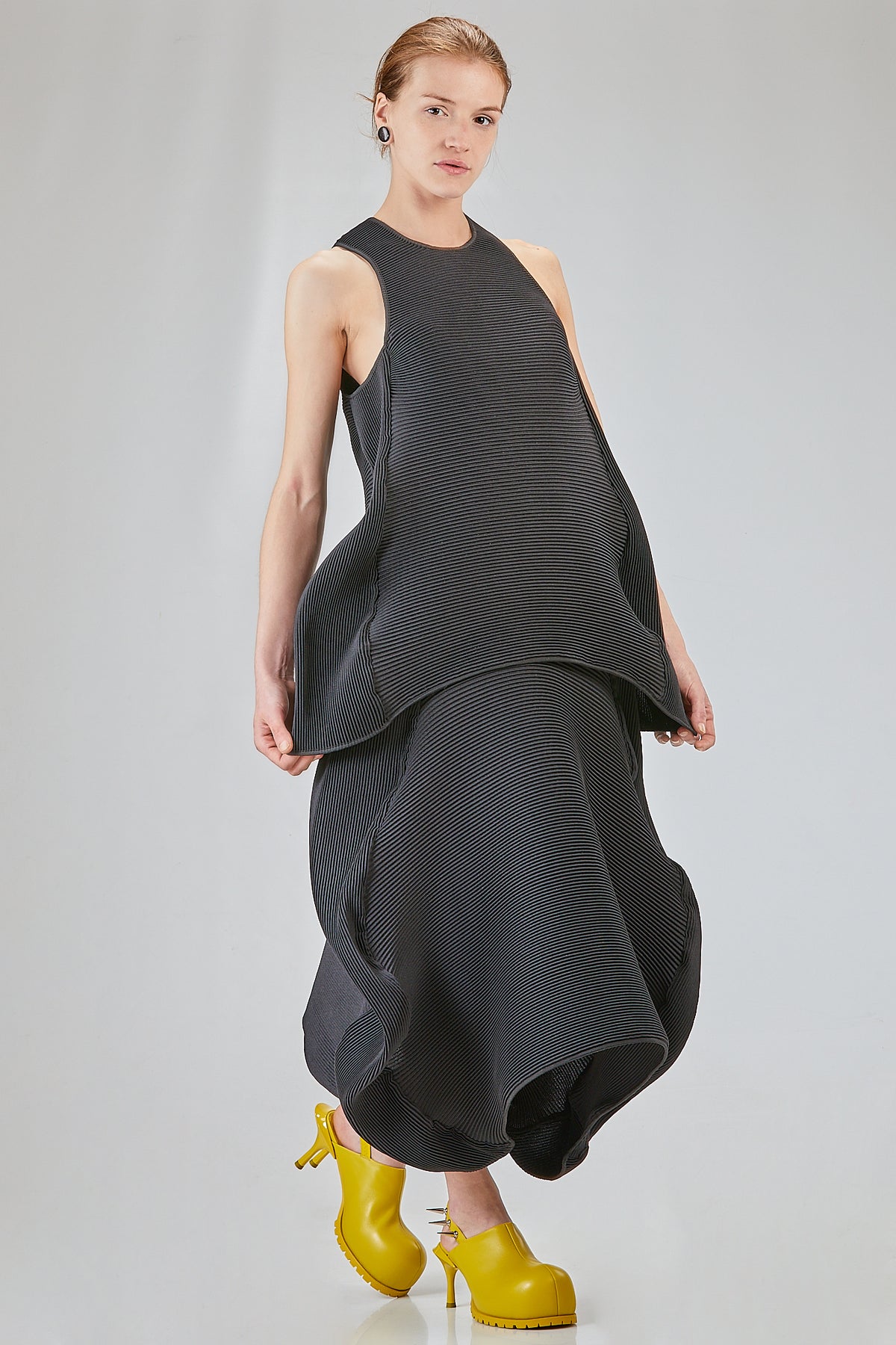 Long, flared polyester pleated 'sculpture' top