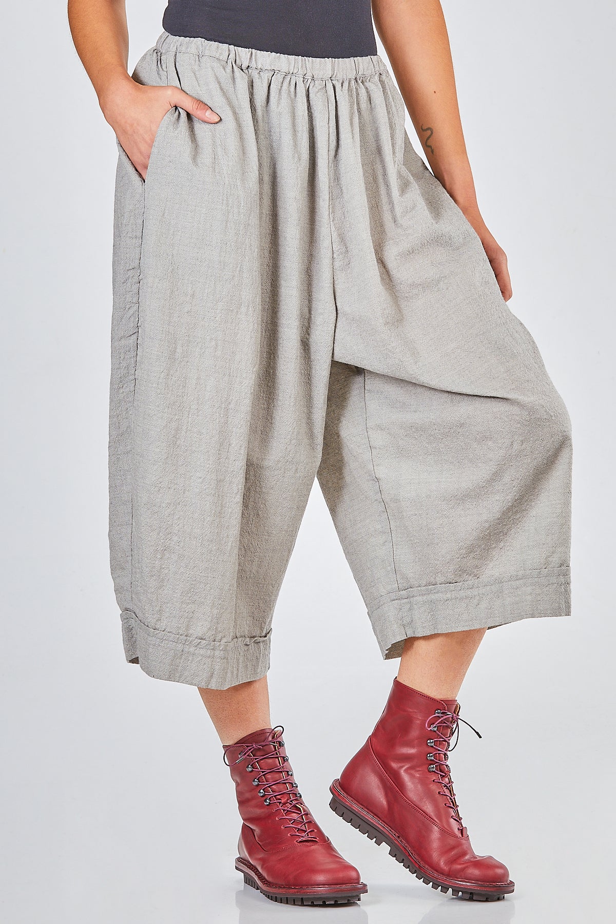 short, wide trousers in washed wool and polyamide crêpe