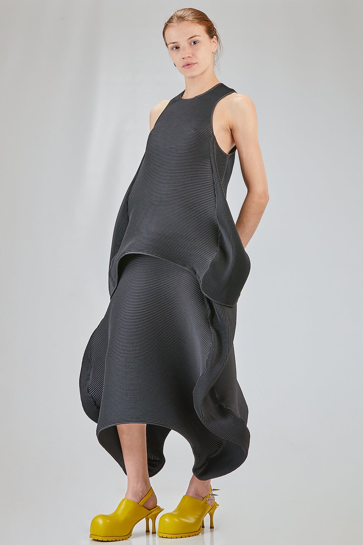 Long, flared polyester pleated 'sculpture' top