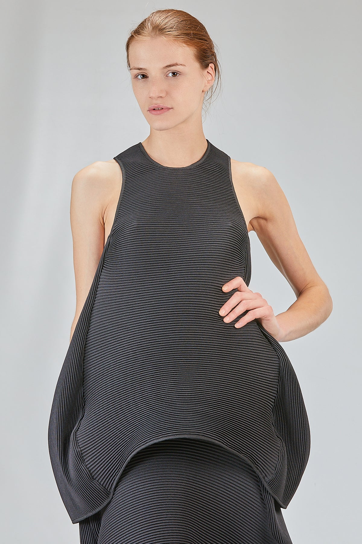 Long, flared polyester pleated 'sculpture' top