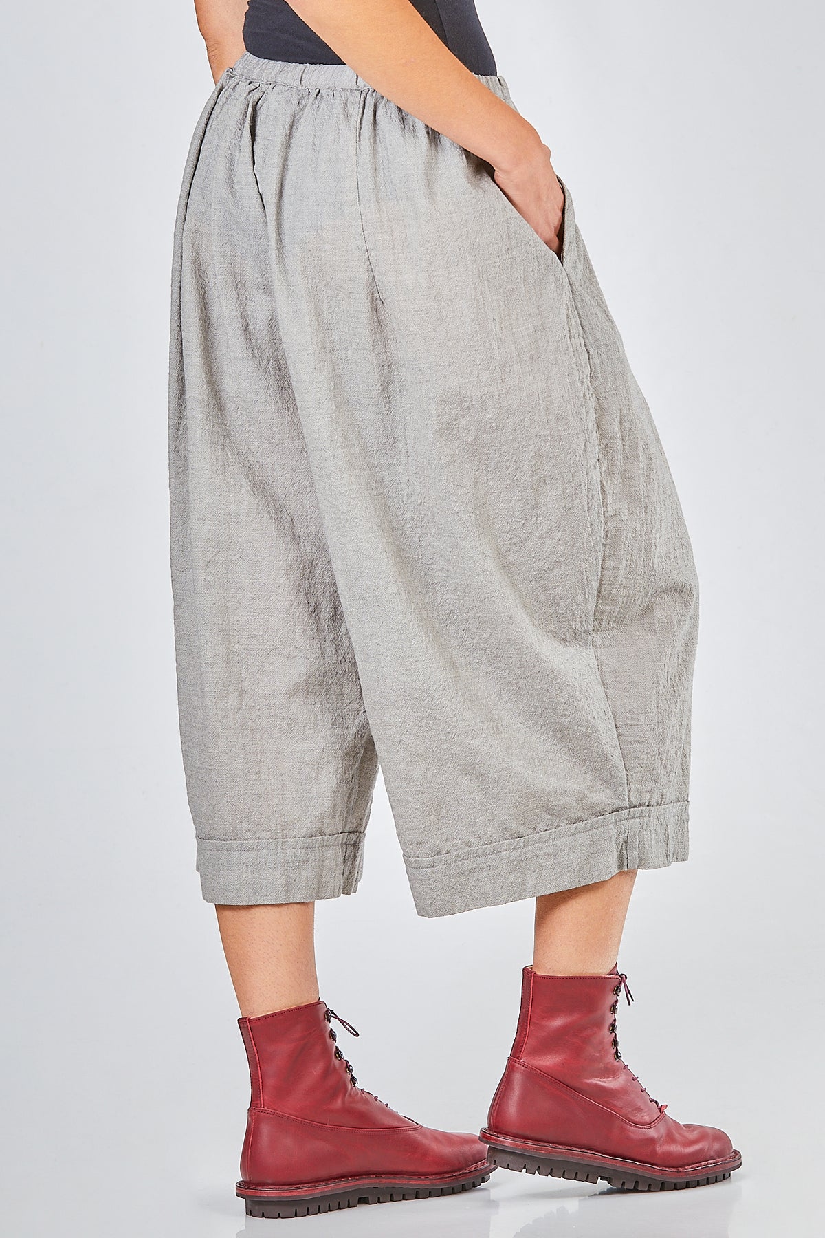 short, wide trousers in washed wool and polyamide crêpe