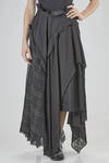 long, wide, and asymmetric skirt in embroidered cotton gauze, cotton, linen and polyester gauze, and washed ramie and polyester satin - WEN PAN 