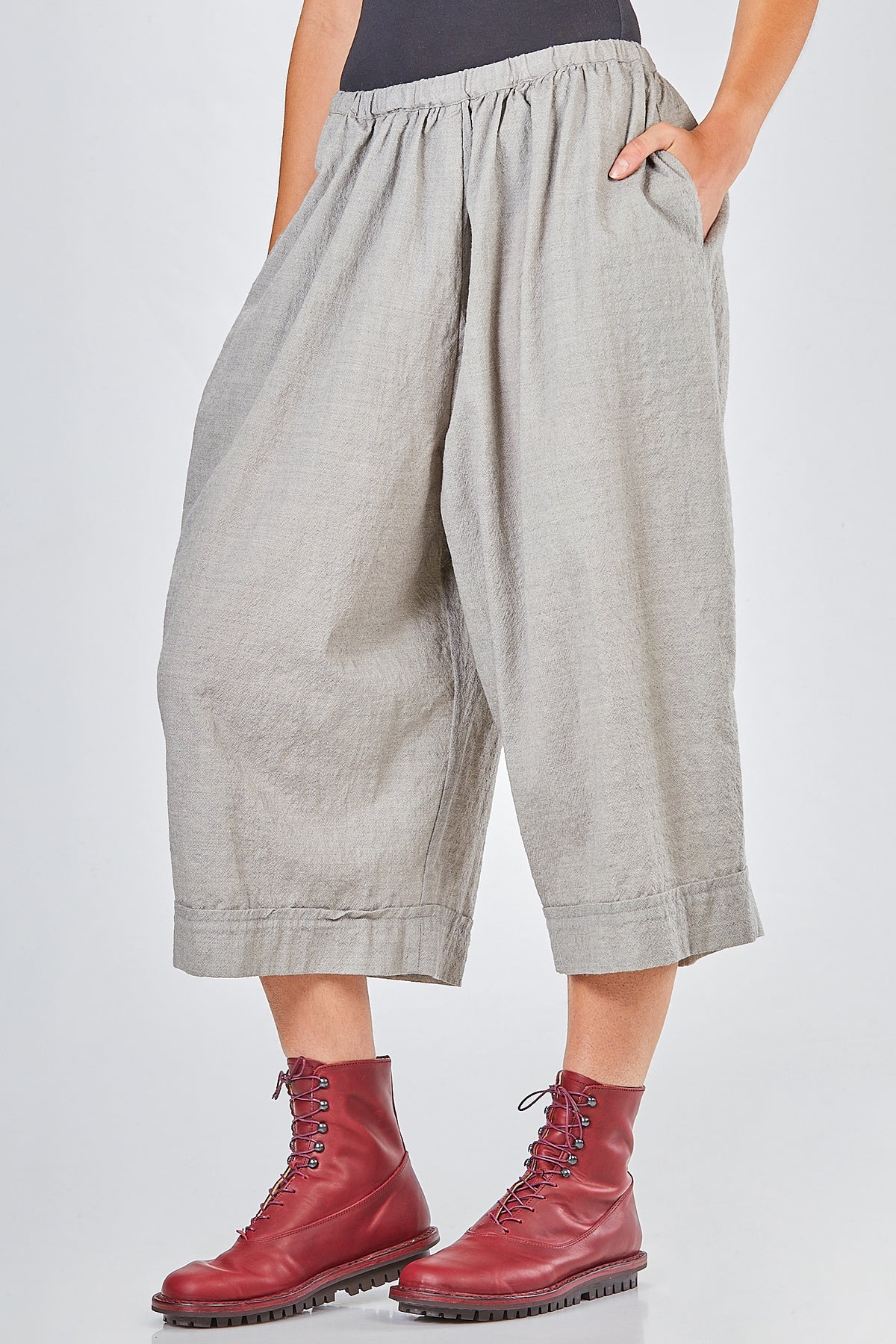 short, wide trousers in washed wool and polyamide crêpe