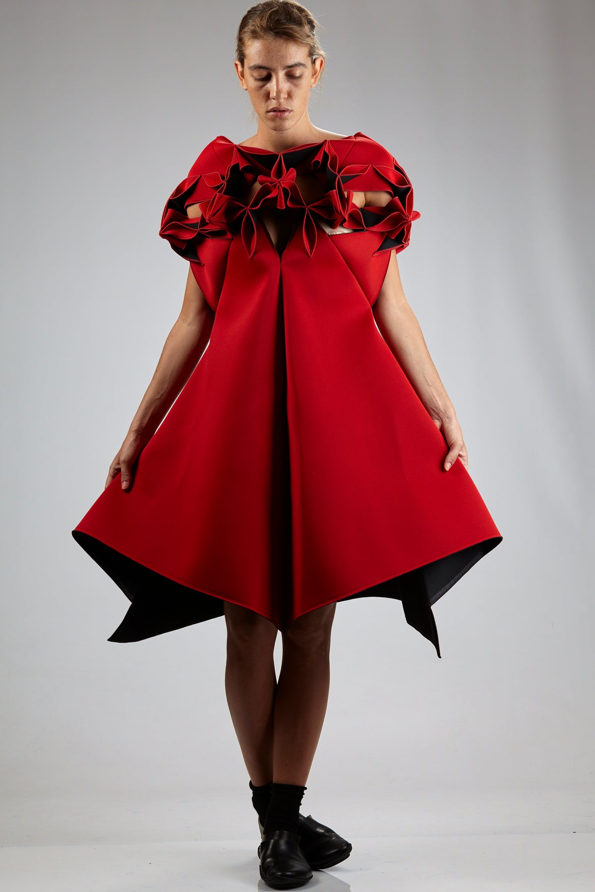 'Sculpture' dress in nylon neoprene
