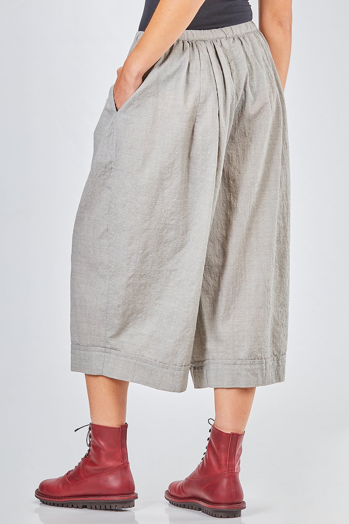 short, wide trousers in washed wool and polyamide crêpe