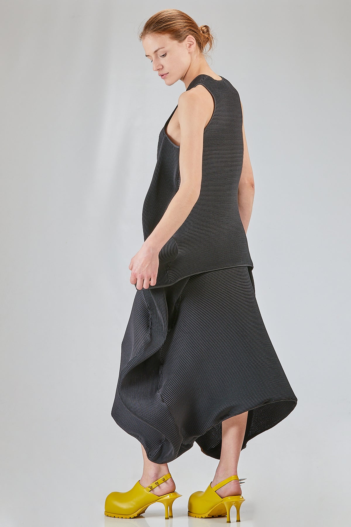 Long, flared polyester pleated 'sculpture' top