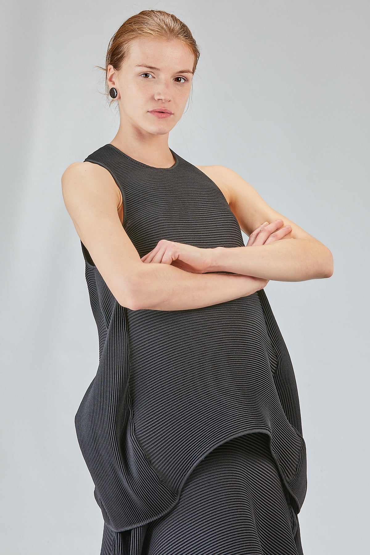 Long, flared polyester pleated 'sculpture' top