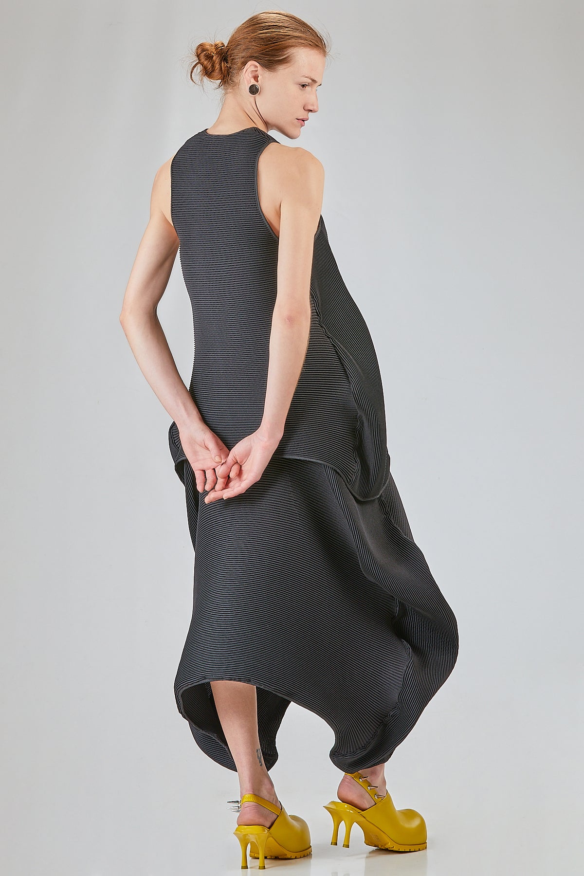 Long, flared polyester pleated 'sculpture' top