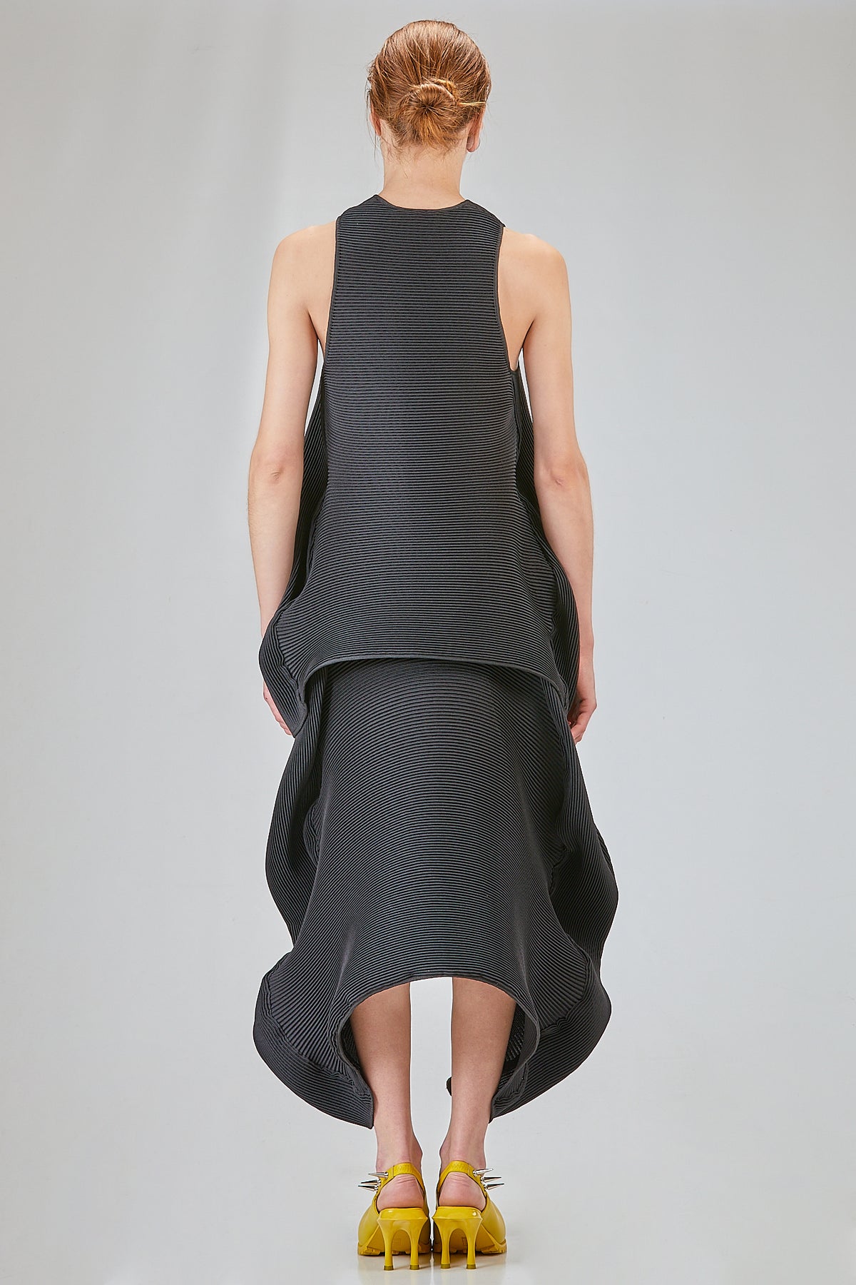 Long, flared polyester pleated 'sculpture' top
