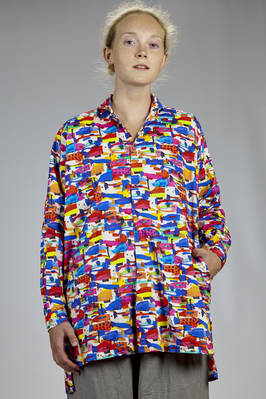 long, slim fit cotton canvas shirt with multicolour abstract fish pattern  - 195