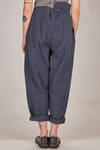 wide trousers  in washed cotton and linen canvas,, staggered high waist with raw cut profiles, rear central strap, pleats sewn on the front at the belt, diagonal welt pockets on the sides - MARC LE BIHAN 