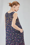 longuette dress, wide and asymmetric, in polyester froissé with horizontal stripes tone on tone and cotton patches - SHU MORIYAMA 