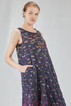 longuette dress, wide and asymmetric, in polyester froissé with horizontal stripes tone on tone and cotton patches - SHU MORIYAMA 