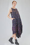 longuette dress, wide and asymmetric, in polyester froissé with horizontal stripes tone on tone and cotton patches - SHU MORIYAMA 